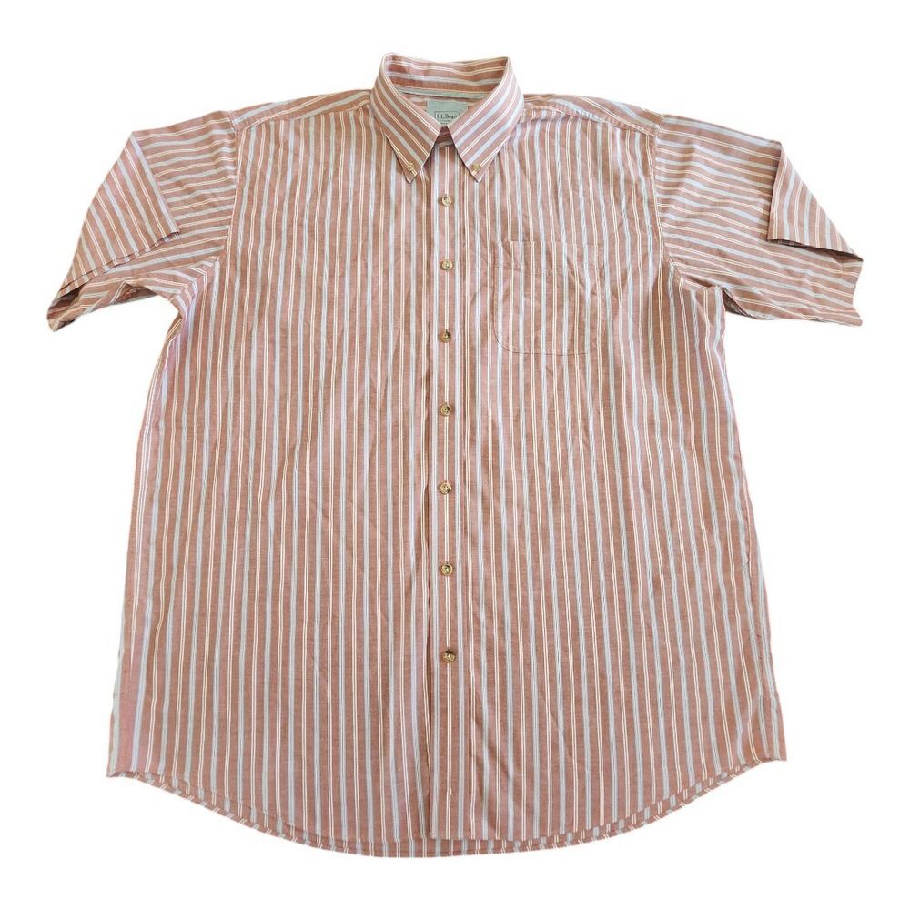 LL Bean Short Sleeve Stripe‎ Button Up Red White Blue Size XL Tall Mens Cotton